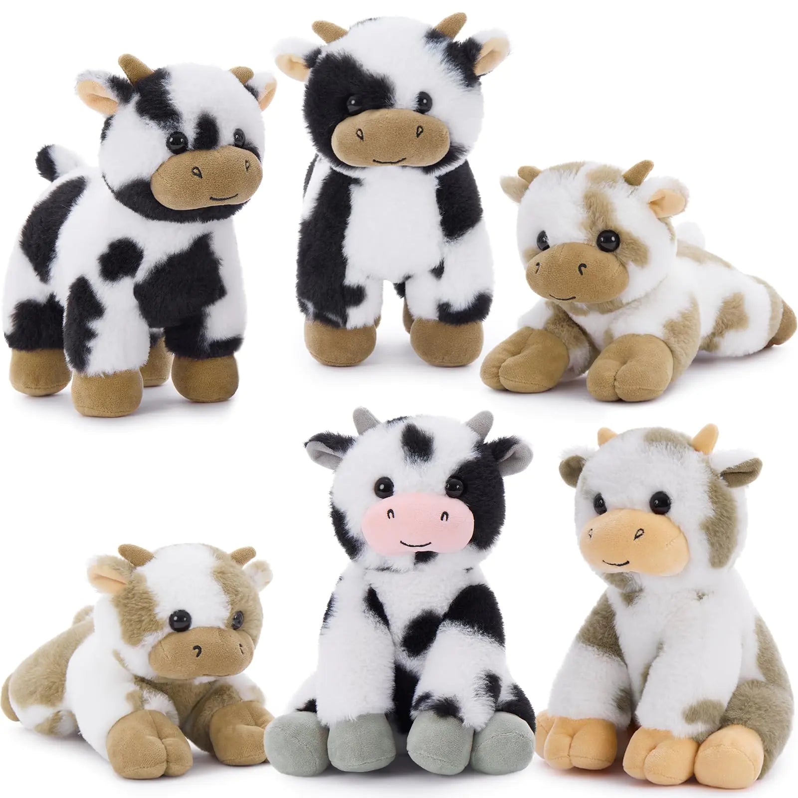 Muiteiur 6 Pcs Cow Stuffed Animals Set 10 Inch Small Stuffed Cow Plush Bulk for Birthday Cuddly Cow Plush Toy for Boys Girls